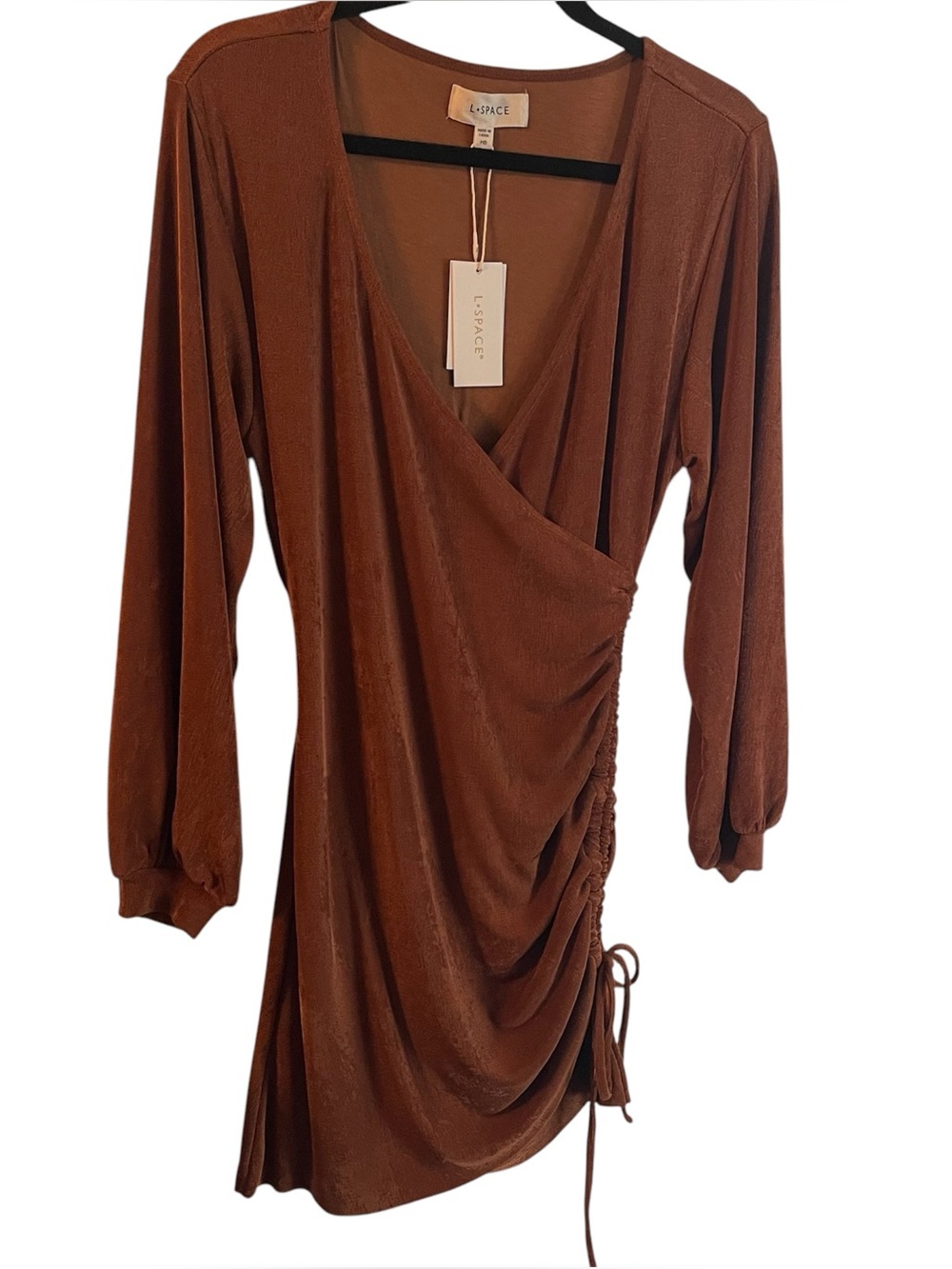 l*space Rust Wrap-Style Long Sleeve Ruched Dress - Picture 6 of 8